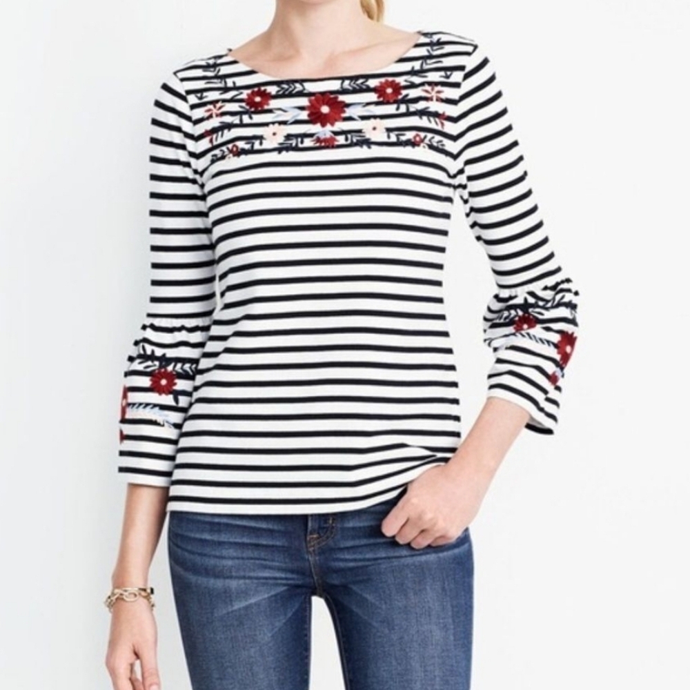 J Crew Womens sz XS Top White‎ Black Striped Floral Embroidery Bell Sleeve